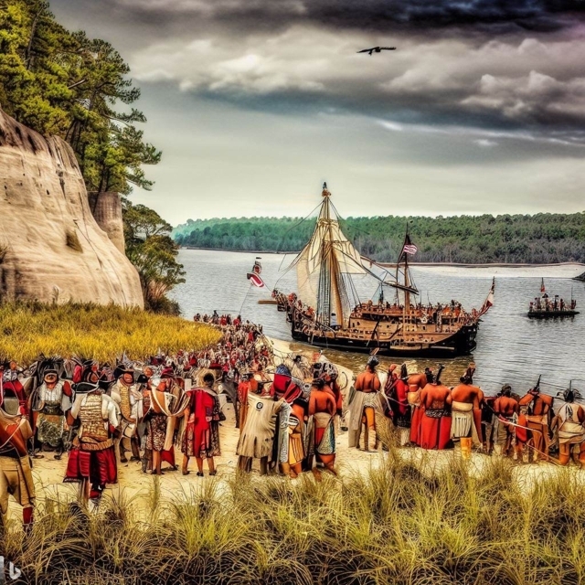 The settlers landing on the Yamacraw Bluff and meeting with the Native Americans - Generated by Bing Image Creator