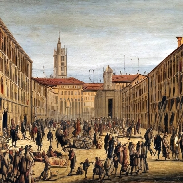 A painting of the streets of Turin under the plague - Generated by Stable Diffusion